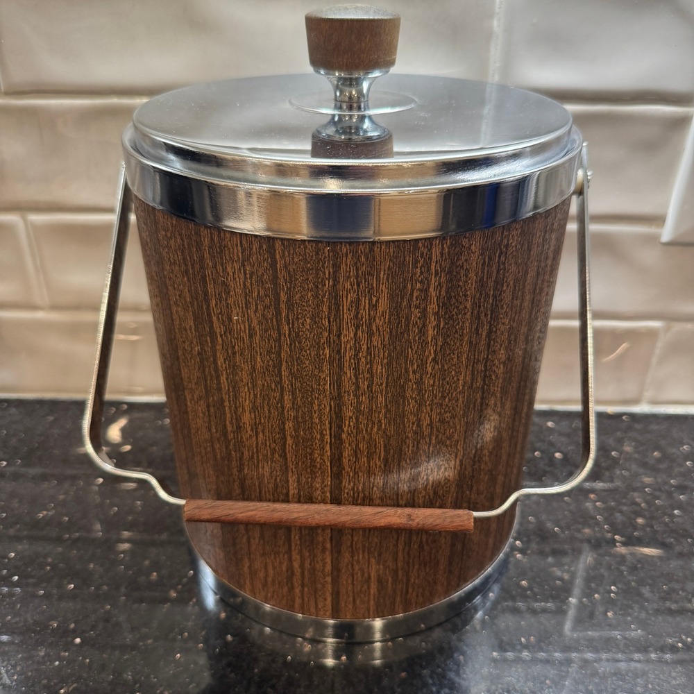 Vintage Kromex Ice Bucket‎ Faux Wood Grain Chrome Mid Century Modern Made in USA